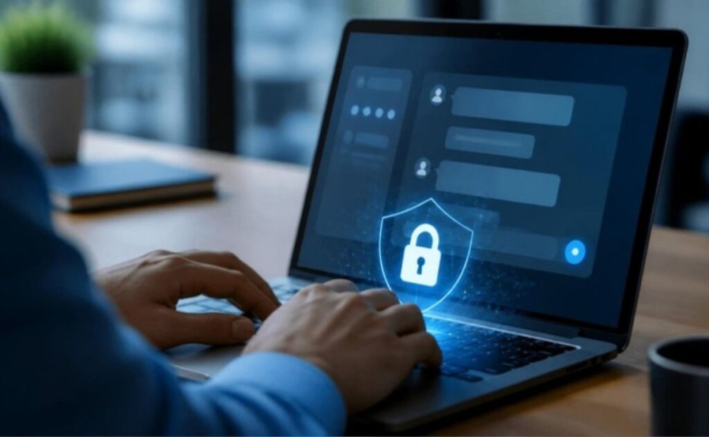 Empleado usando ChatGPT en el portátil con un candado de protección de datos