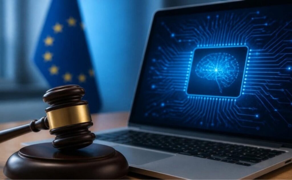 Mazo de juez junto a un portátil con un chip de inteligencia artificial y la bandera de la Unión Europea